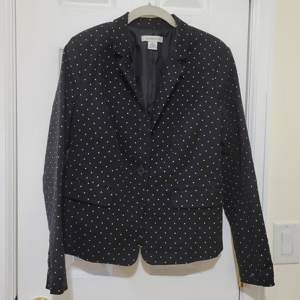 Liz Claiborne Black White Polka Dot Cotton Blend Blazer Jacket Womens Size M
